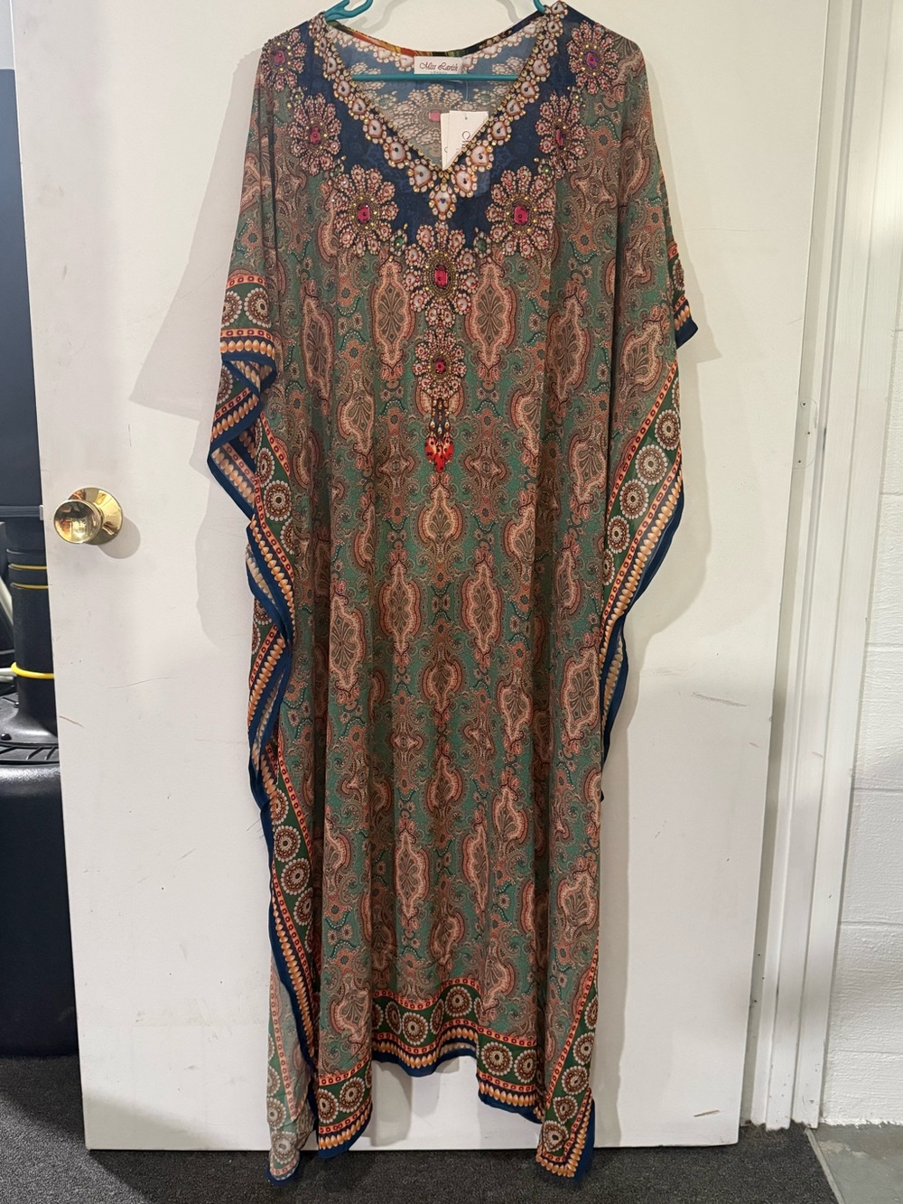 Lavish Green Paisley Maxi Dress with Navy Trim and Embellished Neckline